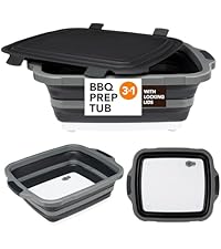 Collapsible Cutting Board(2.11 Gal/8L), BBQ Prep Tub with Locking Lid, Foldable Camping Sink with Colander, Multifunction Dish Basin for Kitchen, Bowl, Vegetable and Fruit, Storage Basket for Picnic