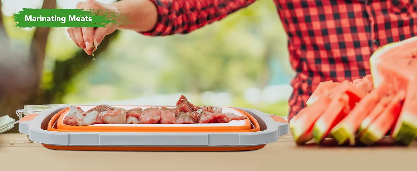 Collapsible Cutting Board(2.11 Gal/8L), BBQ Prep Tub with Locking Lid, Foldable Camping Sink with Colander, Multifunction Dish Basin for Kitchen, Bowl, Vegetable and Fruit, Storage Basket for Picnic