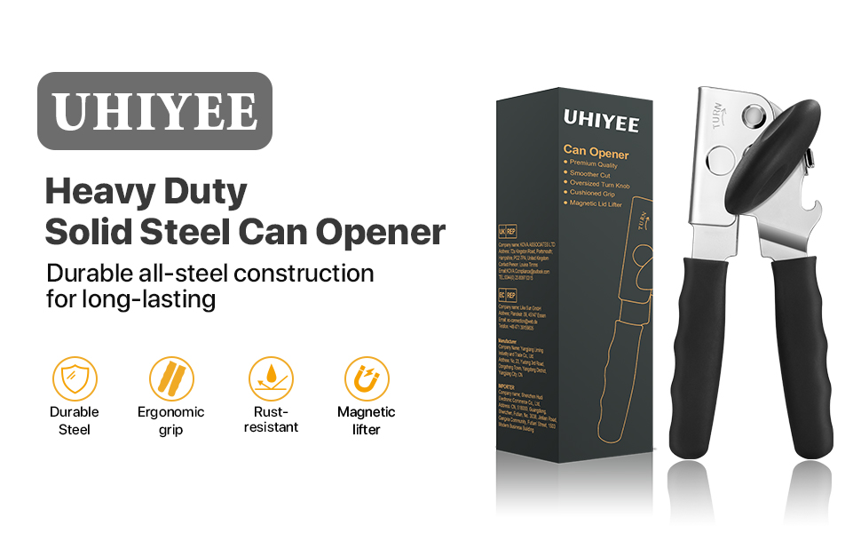 Can Opener Manual Heavy Duty, UHIYEE Hand Held Can Openers for Seniors with Comfort Grip Sharp Blade, Solid Steel Hand Manual Can Open with Magnet for Kitchen Camping, Black