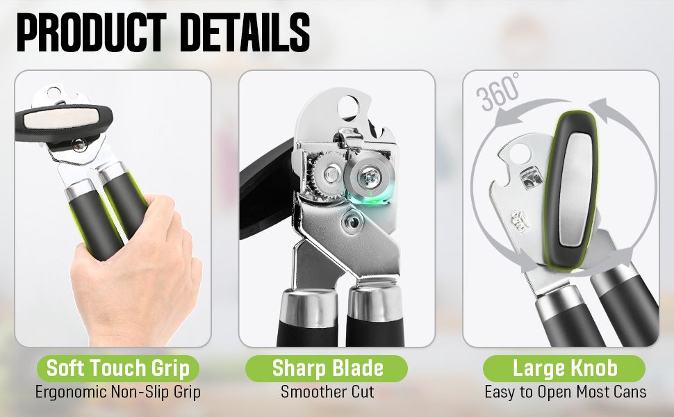 Multifunctional Can Opener Manual, Durable Heavy Duty Handheld Strong Can Opener with Smooth Cutting Edge, Friendly Kitchen Essentials Tool for Seniors, Camping and Bottle Opening-Black