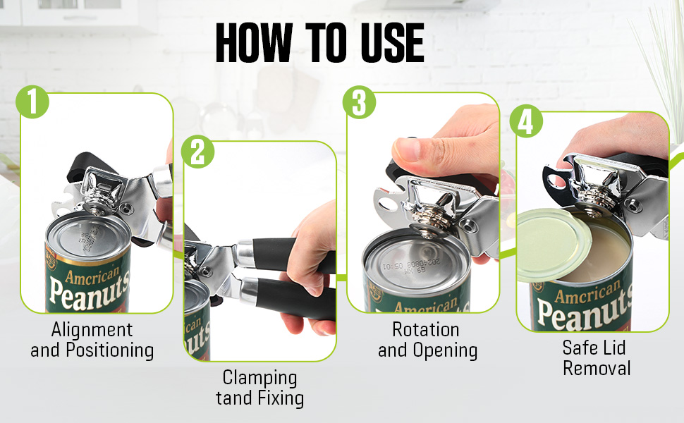 Multifunctional Can Opener Manual, Durable Heavy Duty Handheld Strong Can Opener with Smooth Cutting Edge, Friendly Kitchen Essentials Tool for Seniors, Camping and Bottle Opening-Black