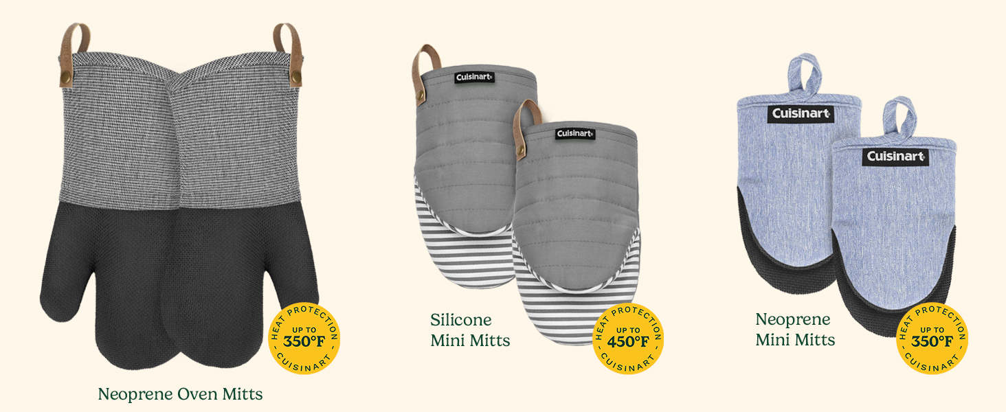 Cuisinart Heritage Mini Oven Mitts – 5.5” x 7” Heat-Resistant Kitchen Mitts for Oven with Non-Slip Neoprene Palm, Cotton Filling, and Faux Leather Loop – Durable Oven Mitt Set for Cooking & Baking