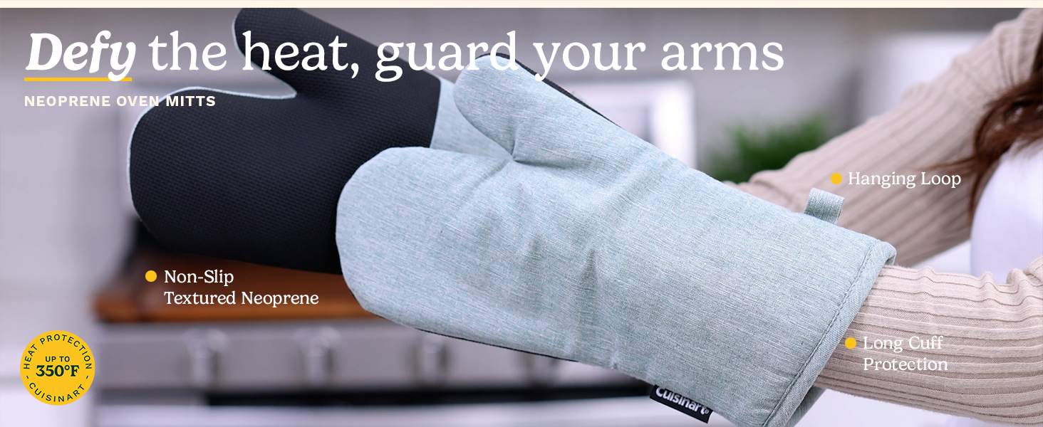 Cuisinart Heritage Mini Oven Mitts – 5.5” x 7” Heat-Resistant Kitchen Mitts for Oven with Non-Slip Neoprene Palm, Cotton Filling, and Faux Leather Loop – Durable Oven Mitt Set for Cooking & Baking