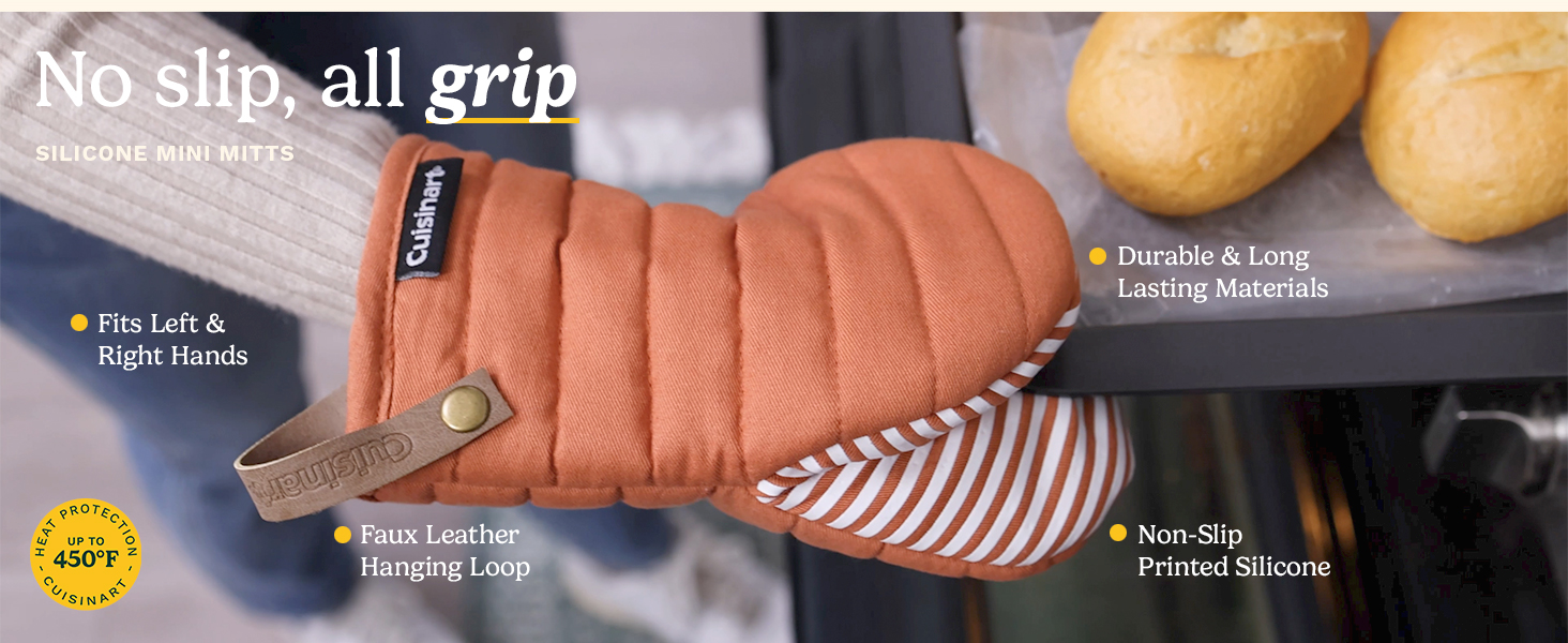 Cuisinart Heritage Mini Oven Mitts – 5.5” x 7” Heat-Resistant Kitchen Mitts for Oven with Non-Slip Neoprene Palm, Cotton Filling, and Faux Leather Loop – Durable Oven Mitt Set for Cooking & Baking