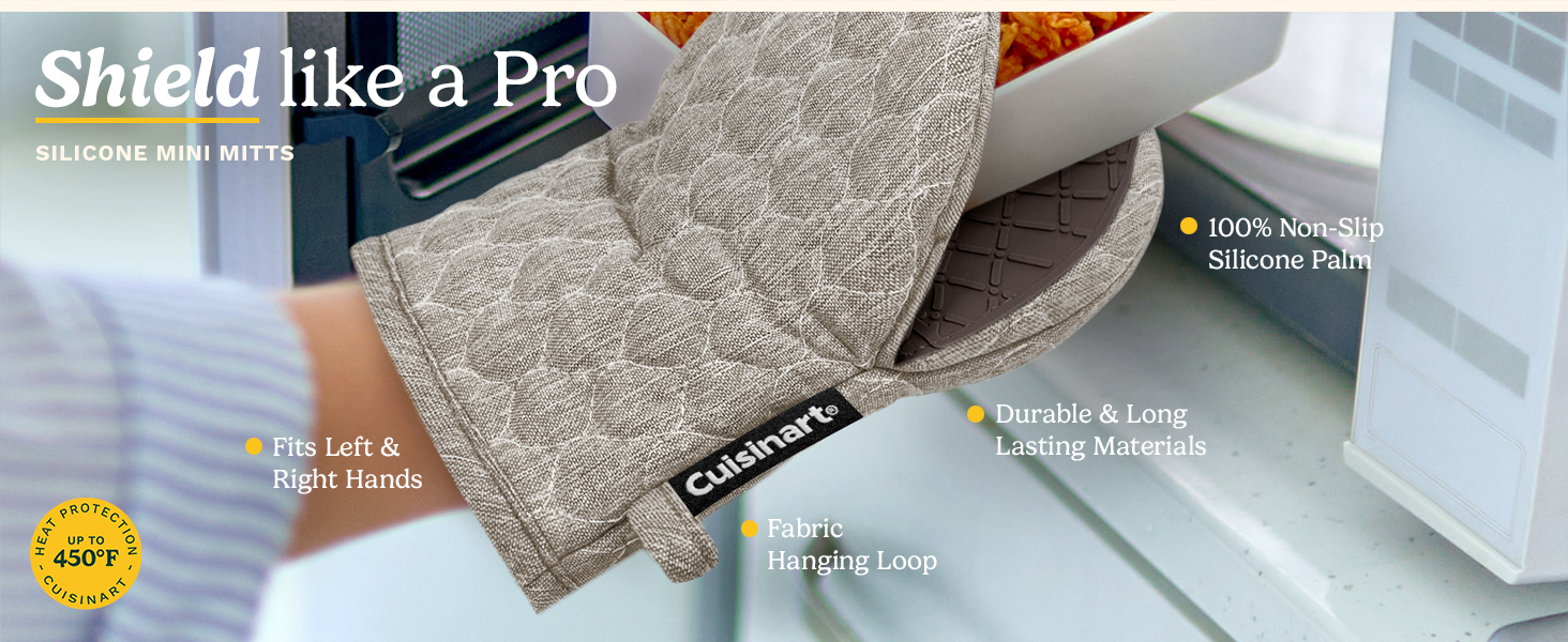 Cuisinart Heritage Mini Oven Mitts – 5.5” x 7” Heat-Resistant Kitchen Mitts for Oven with Non-Slip Neoprene Palm, Cotton Filling, and Faux Leather Loop – Durable Oven Mitt Set for Cooking & Baking