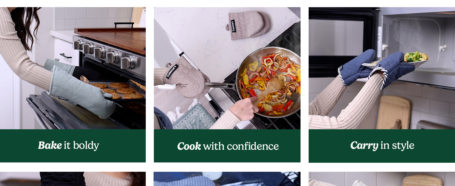 Cuisinart Heritage Mini Oven Mitts – 5.5” x 7” Heat-Resistant Kitchen Mitts for Oven with Non-Slip Neoprene Palm, Cotton Filling, and Faux Leather Loop – Durable Oven Mitt Set for Cooking & Baking