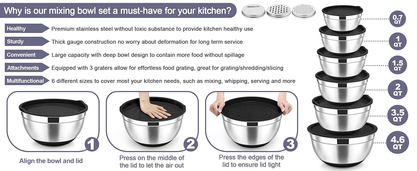 TeamFar Mixing Bowls, 6 PCS Stainless Steel Nesting Salad Bowl with Lids & 3 Graters, For Kitchen Cooking Serving Prepping, Airtight & Non-Slip, Size 4.6/3.5/2/1.5/1/0.7 QT, Black