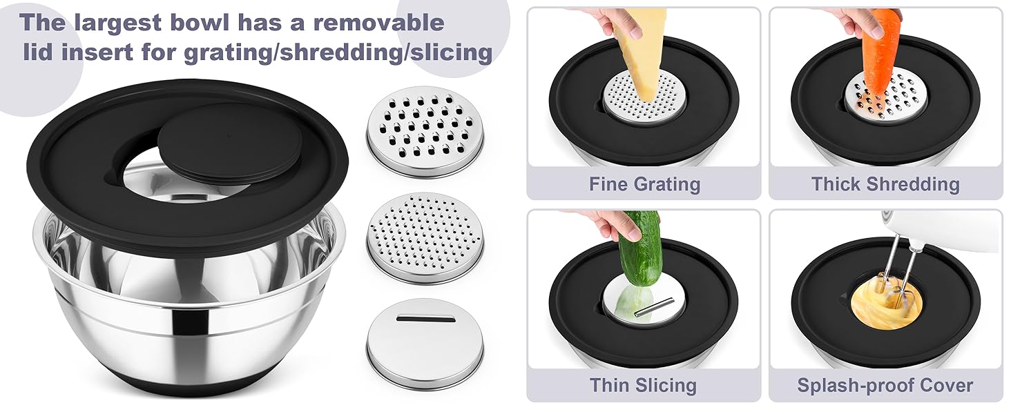 TeamFar Mixing Bowls, 6 PCS Stainless Steel Nesting Salad Bowl with Lids & 3 Graters, For Kitchen Cooking Serving Prepping, Airtight & Non-Slip, Size 4.6/3.5/2/1.5/1/0.7 QT, Black