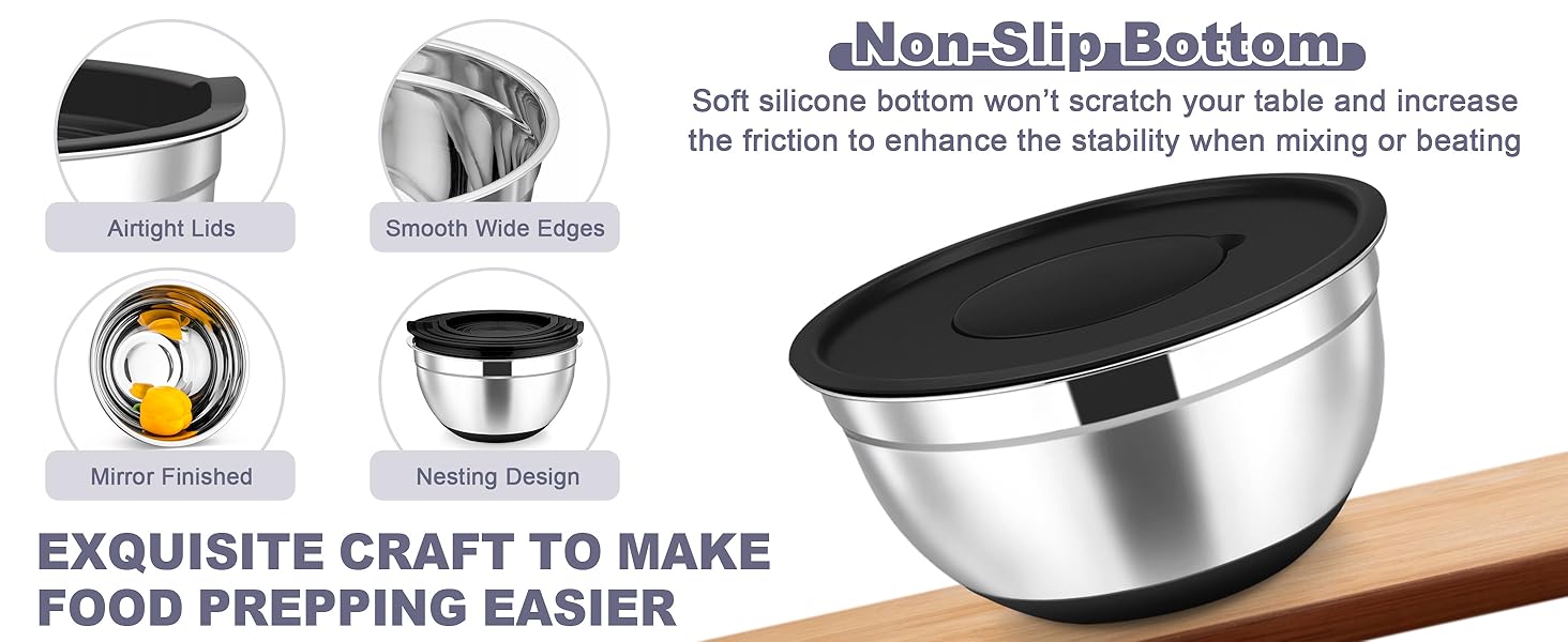 TeamFar Mixing Bowls, 6 PCS Stainless Steel Nesting Salad Bowl with Lids & 3 Graters, For Kitchen Cooking Serving Prepping, Airtight & Non-Slip, Size 4.6/3.5/2/1.5/1/0.7 QT, Black