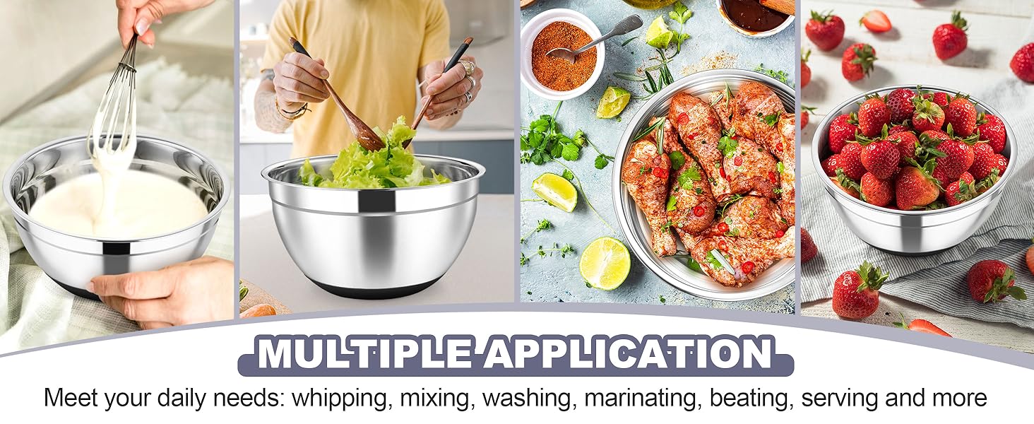 TeamFar Mixing Bowls, 6 PCS Stainless Steel Nesting Salad Bowl with Lids & 3 Graters, For Kitchen Cooking Serving Prepping, Airtight & Non-Slip, Size 4.6/3.5/2/1.5/1/0.7 QT, Black