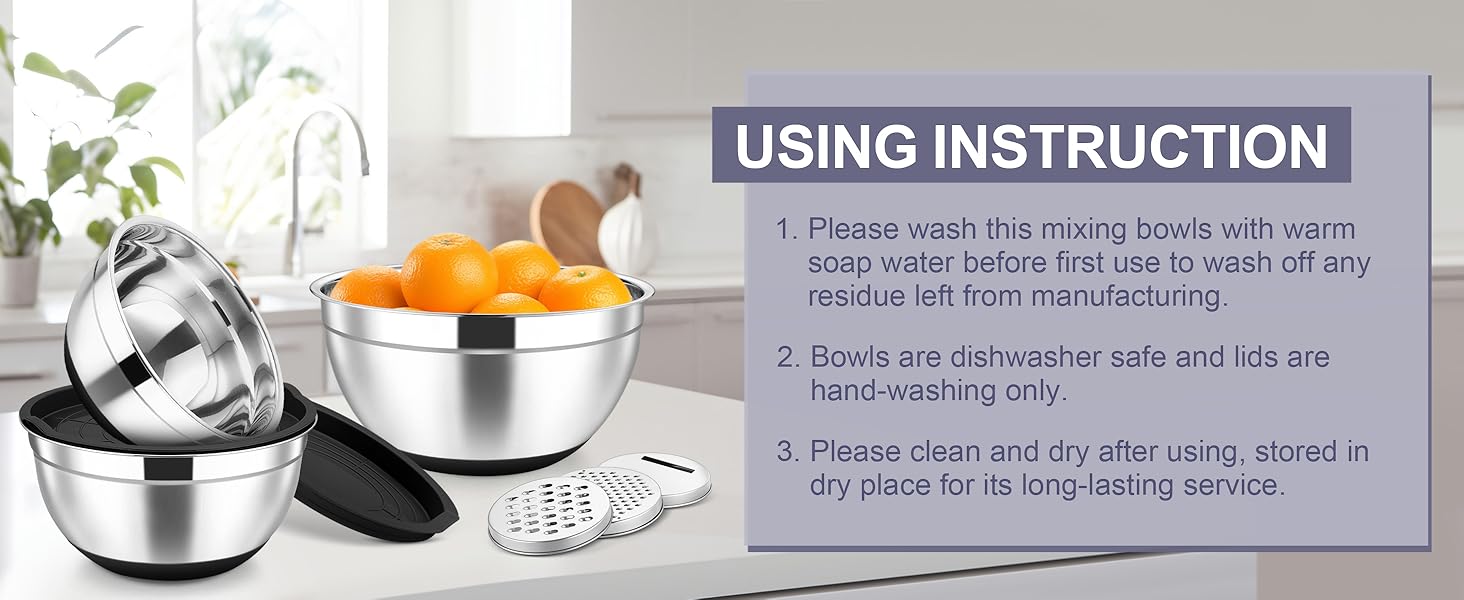 TeamFar Mixing Bowls, 6 PCS Stainless Steel Nesting Salad Bowl with Lids & 3 Graters, For Kitchen Cooking Serving Prepping, Airtight & Non-Slip, Size 4.6/3.5/2/1.5/1/0.7 QT, Black