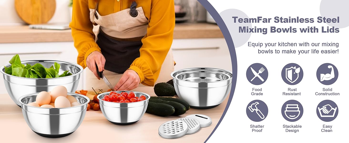 TeamFar Mixing Bowls, 6 PCS Stainless Steel Nesting Salad Bowl with Lids & 3 Graters, For Kitchen Cooking Serving Prepping, Airtight & Non-Slip, Size 4.6/3.5/2/1.5/1/0.7 QT, Black