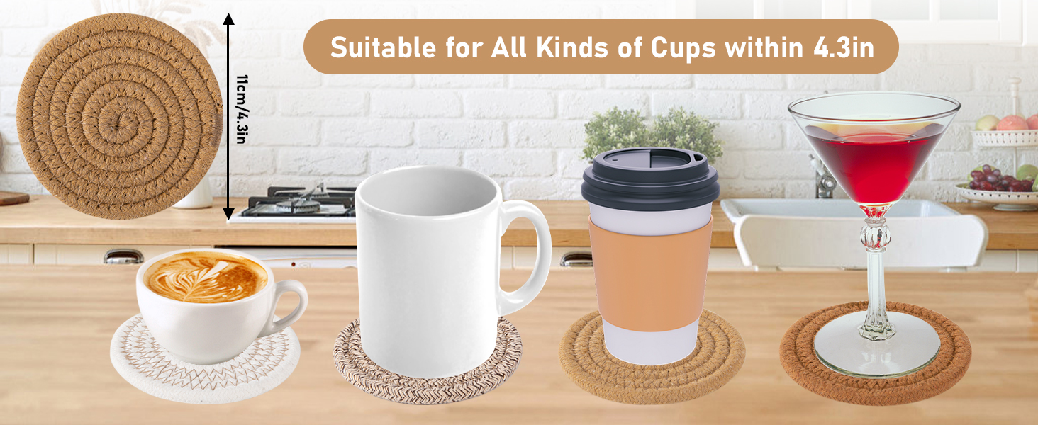 OIAHOMY 8 Pcs Coasters with Holder for Beer, Coffee, Woven Cotton Coaster Set for Table Decor for Kitchen, Bar, Dining Room, Living Room, Housewarming Gifts - Yellow