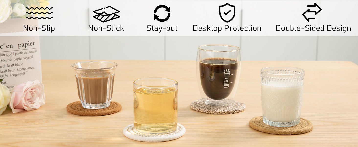 OIAHOMY 8 Pcs Coasters with Holder for Beer, Coffee, Woven Cotton Coaster Set for Table Decor for Kitchen, Bar, Dining Room, Living Room, Housewarming Gifts - Yellow