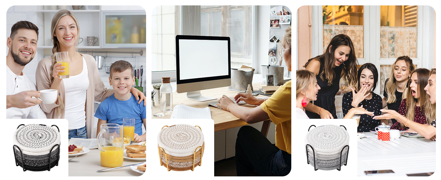 OIAHOMY 8 Pcs Coasters with Holder for Beer, Coffee, Woven Cotton Coaster Set for Table Decor for Kitchen, Bar, Dining Room, Living Room, Housewarming Gifts - Yellow