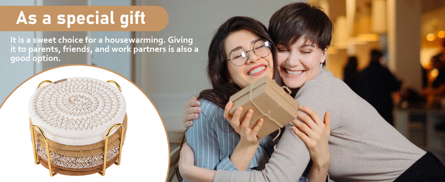 OIAHOMY 8 Pcs Coasters with Holder for Beer, Coffee, Woven Cotton Coaster Set for Table Decor for Kitchen, Bar, Dining Room, Living Room, Housewarming Gifts - Yellow