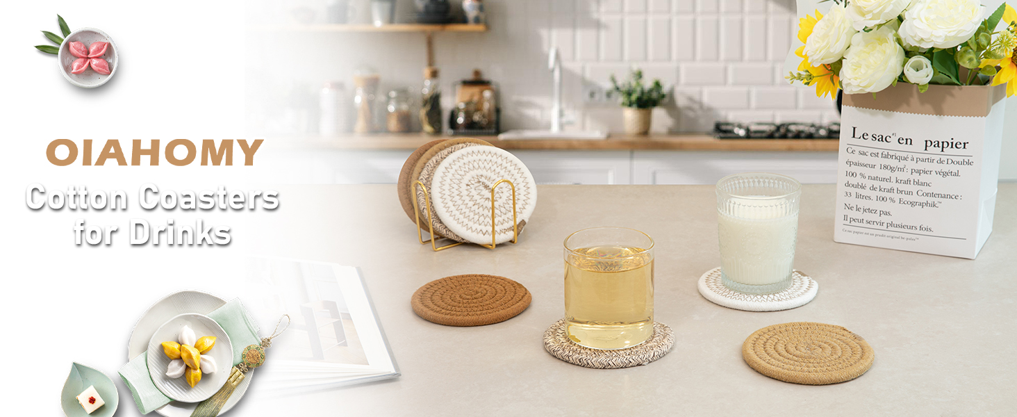 OIAHOMY 8 Pcs Coasters with Holder for Beer, Coffee, Woven Cotton Coaster Set for Table Decor for Kitchen, Bar, Dining Room, Living Room, Housewarming Gifts - Yellow