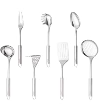 Stainless Steel Cooking Utensils Set, 7PCS Kitchen Utensils Set, Durable Kitchen Utensils - Meat Fork, Solid Serving Spoon, Ladle, Pasta Fork, Skimmer, Slotted Serving Spoon, Slotted Spatula