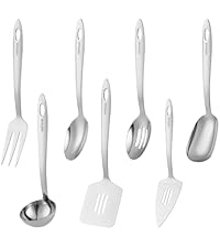 Stainless Steel Cooking Utensils Set, 7PCS Kitchen Utensils Set, Durable Kitchen Utensils - Meat Fork, Solid Serving Spoon, Ladle, Pasta Fork, Skimmer, Slotted Serving Spoon, Slotted Spatula