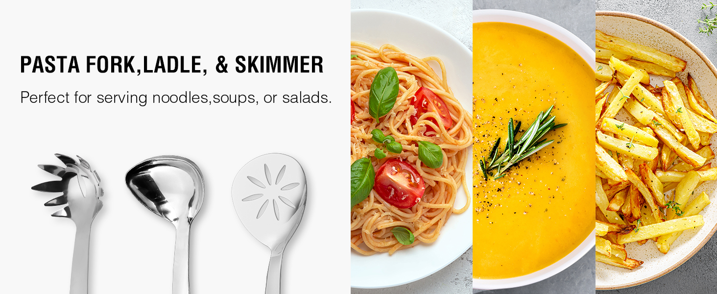 Stainless Steel Cooking Utensils Set, 7PCS Kitchen Utensils Set, Durable Kitchen Utensils - Meat Fork, Solid Serving Spoon, Ladle, Pasta Fork, Skimmer, Slotted Serving Spoon, Slotted Spatula