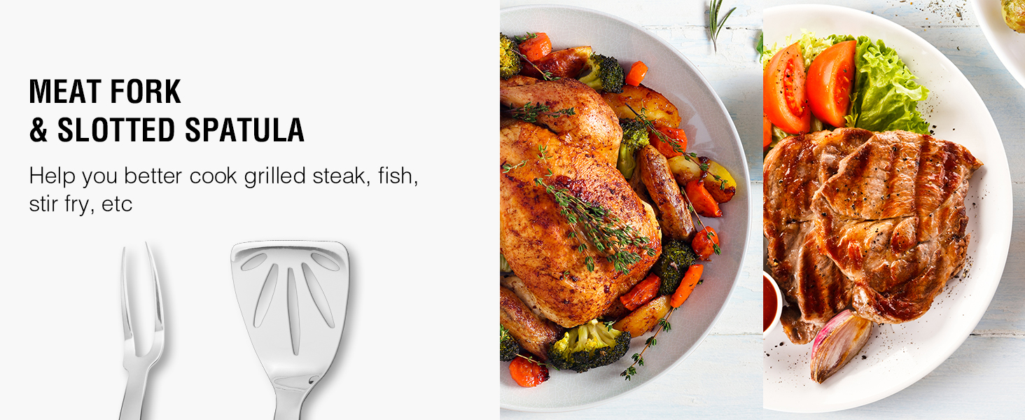 Stainless Steel Cooking Utensils Set, 7PCS Kitchen Utensils Set, Durable Kitchen Utensils - Meat Fork, Solid Serving Spoon, Ladle, Pasta Fork, Skimmer, Slotted Serving Spoon, Slotted Spatula