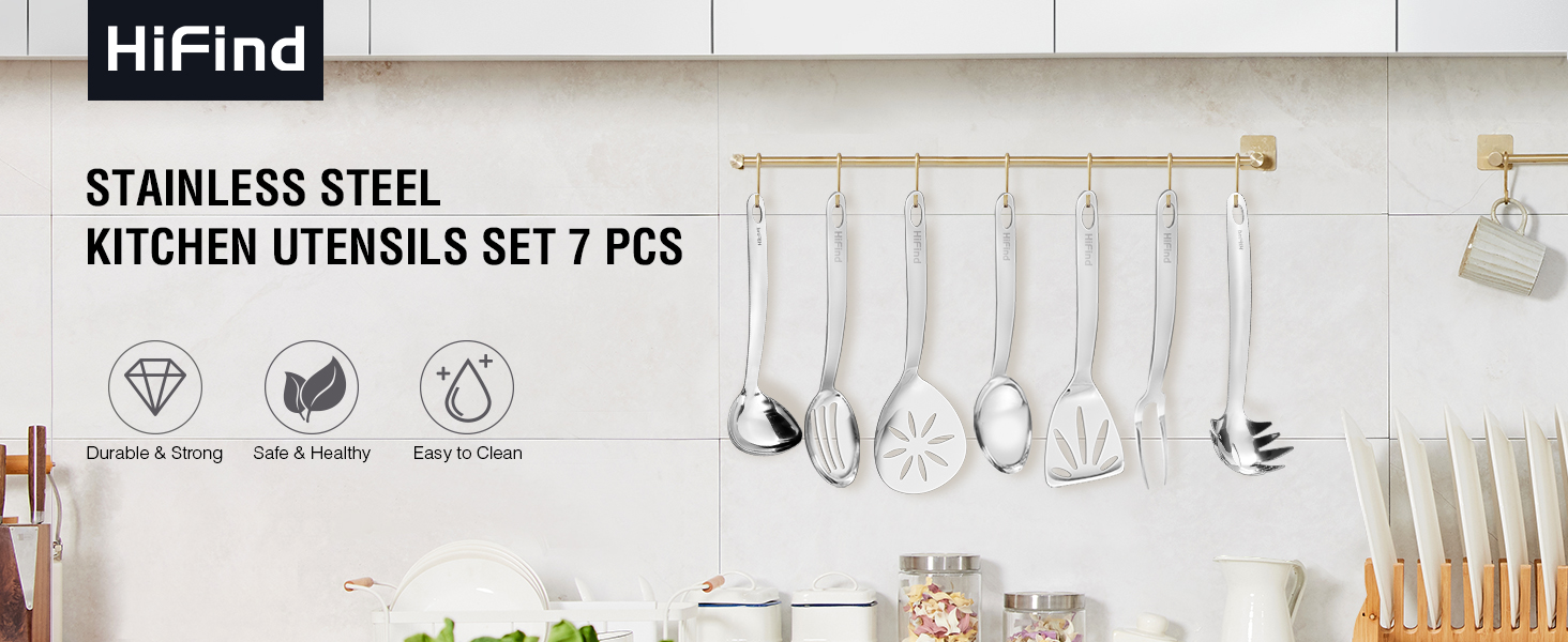 Stainless Steel Cooking Utensils Set, 7PCS Kitchen Utensils Set, Durable Kitchen Utensils - Meat Fork, Solid Serving Spoon, Ladle, Pasta Fork, Skimmer, Slotted Serving Spoon, Slotted Spatula