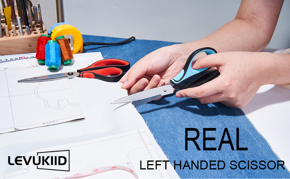 Real Left handed scissors for adults with comfortable 3-color ergonomic handle, perfect for adult, office, crafts,sewing,kitchen, and school.
