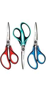 Real Left handed scissors for adults with comfortable 3-color ergonomic handle, perfect for adult, office, crafts,sewing,kitchen, and school.