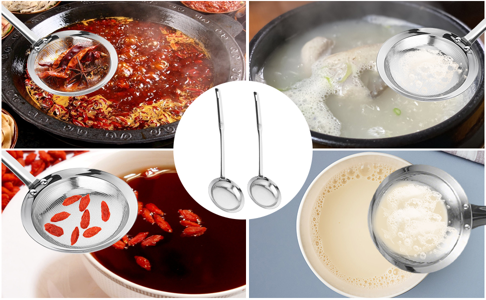 Fine Mesh Stainless Steel Sieve Colander(2 Pack, Large+Small), Mesh Strainer for Cooking Oil, Skimmer Spoon Filte Grease Foam, Food Strainer Kitchen Gadgets
