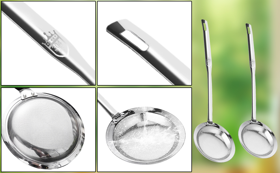 Fine Mesh Stainless Steel Sieve Colander(2 Pack, Large+Small), Mesh Strainer for Cooking Oil, Skimmer Spoon Filte Grease Foam, Food Strainer Kitchen Gadgets