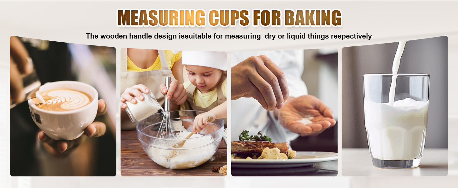 Premium Stainless Steel Measuring Cups and Spoons Set with Wood Handle, 8-Pieces Kitchen Essentials for Baking, Cooking, Coffee with Ergonomic Grip & Engraved Markings (Gold8)