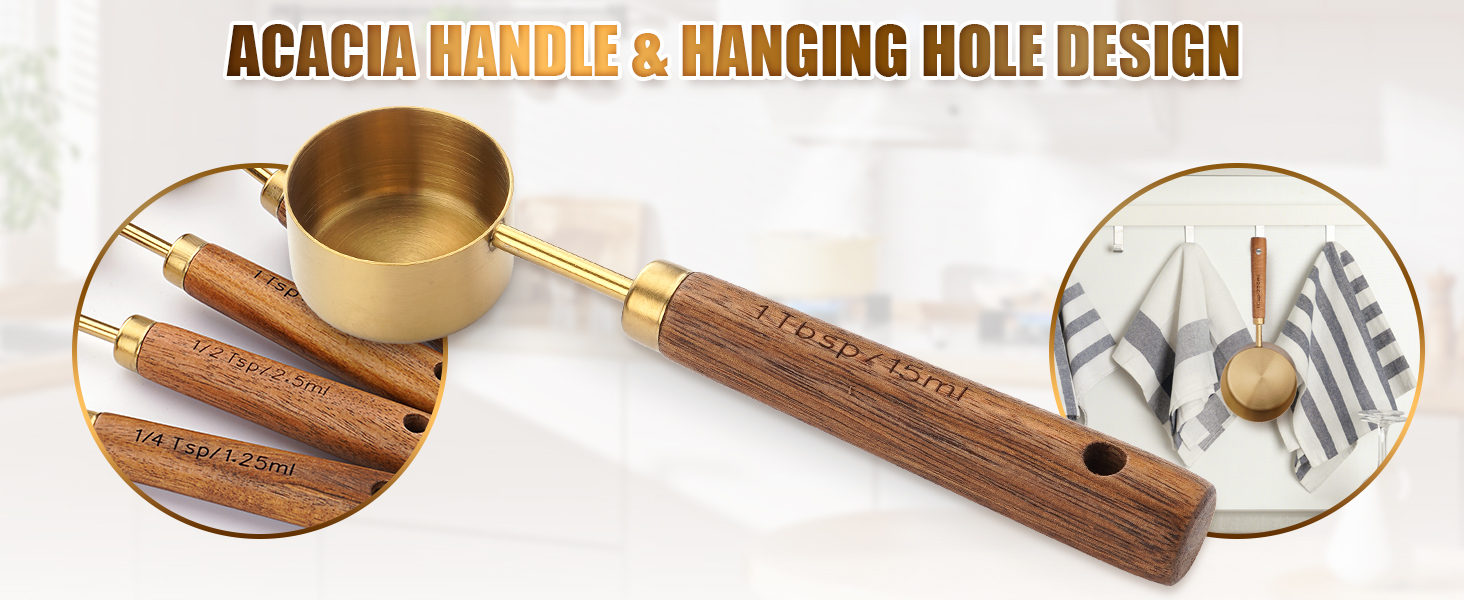 Premium Stainless Steel Measuring Cups and Spoons Set with Wood Handle, 8-Pieces Kitchen Essentials for Baking, Cooking, Coffee with Ergonomic Grip & Engraved Markings (Gold8)