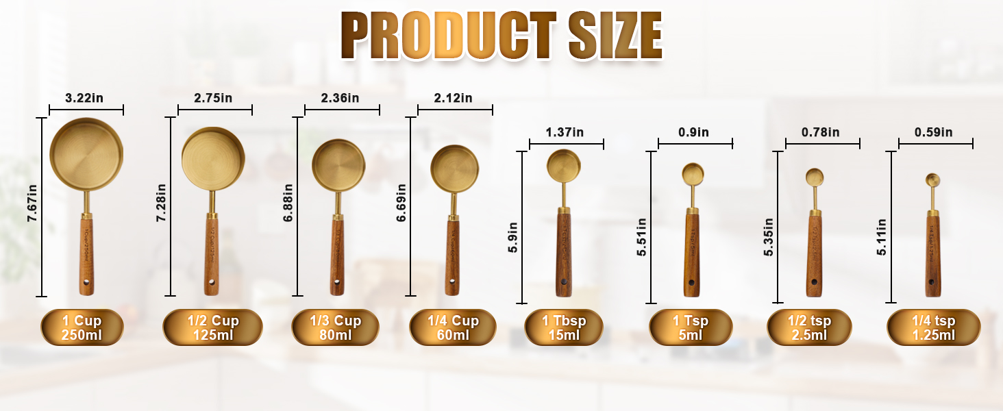 Premium Stainless Steel Measuring Cups and Spoons Set with Wood Handle, 8-Pieces Kitchen Essentials for Baking, Cooking, Coffee with Ergonomic Grip & Engraved Markings (Gold8)