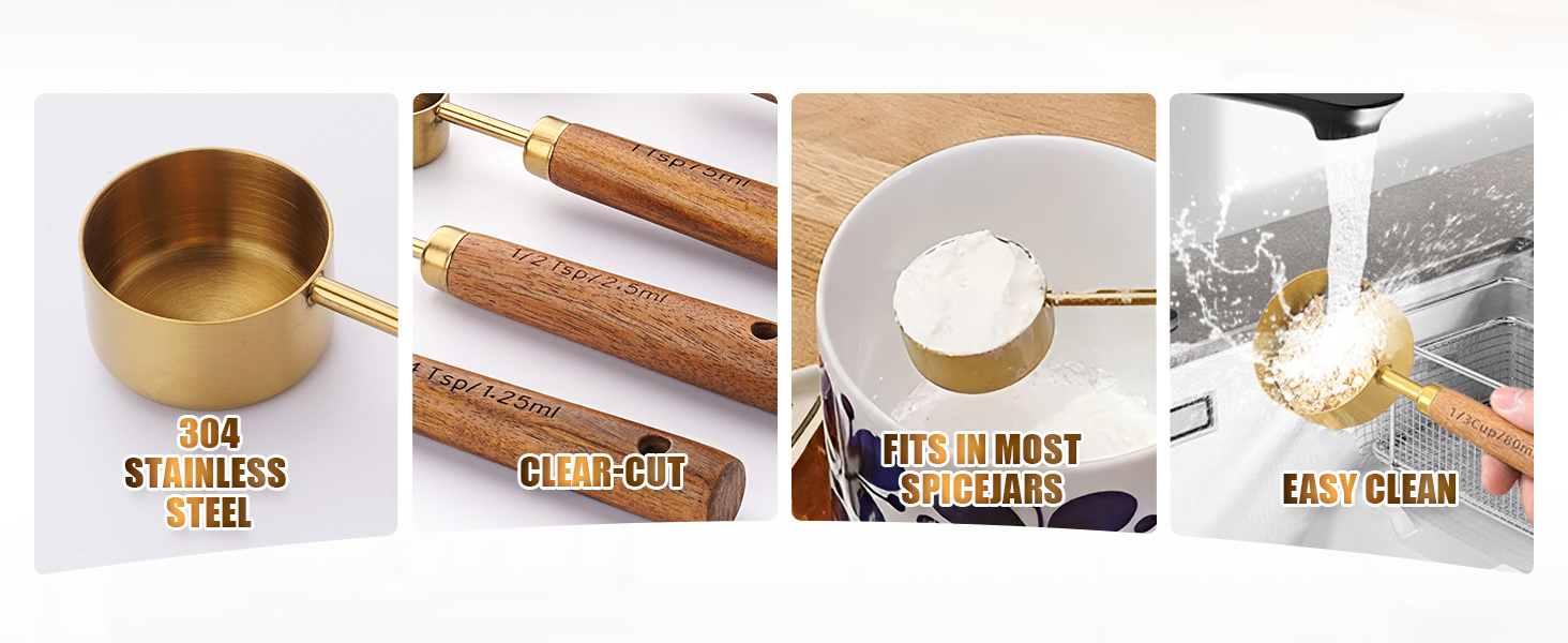 Premium Stainless Steel Measuring Cups and Spoons Set with Wood Handle, 8-Pieces Kitchen Essentials for Baking, Cooking, Coffee with Ergonomic Grip & Engraved Markings (Gold8)