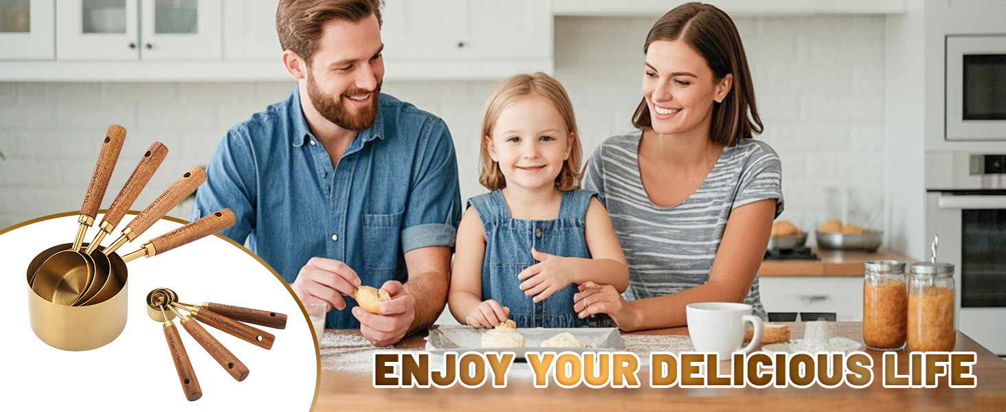 Premium Stainless Steel Measuring Cups and Spoons Set with Wood Handle, 8-Pieces Kitchen Essentials for Baking, Cooking, Coffee with Ergonomic Grip & Engraved Markings (Gold8)