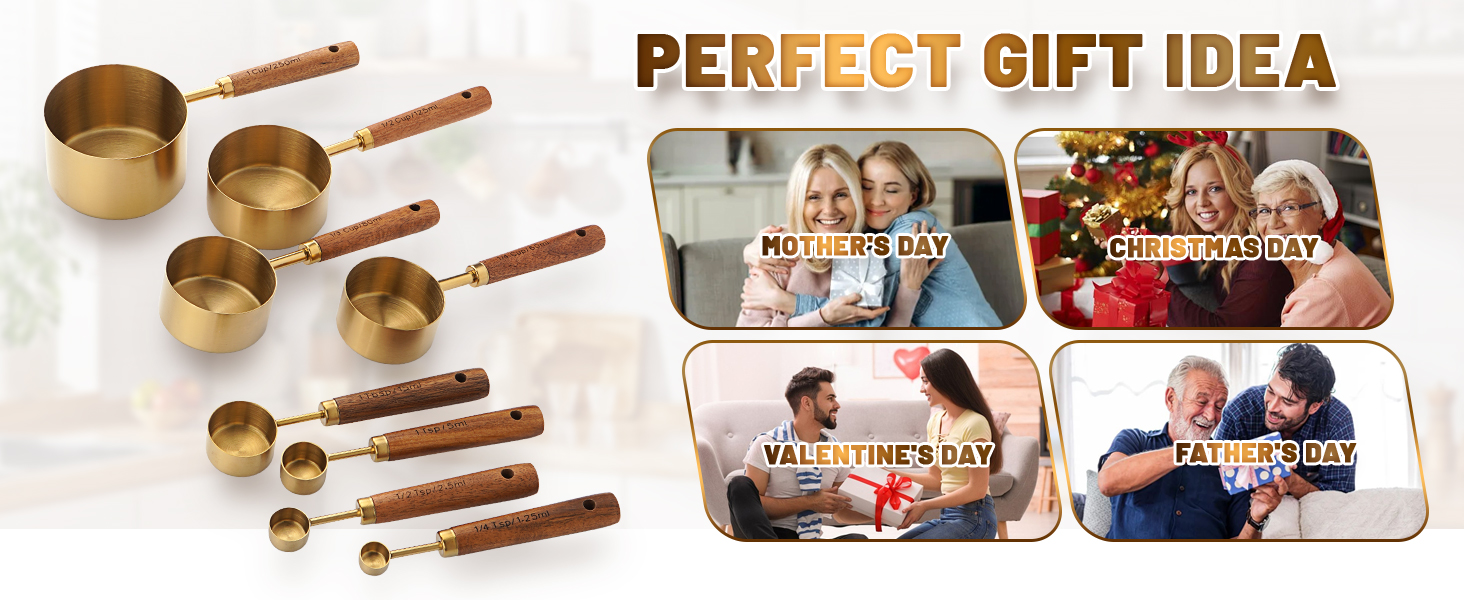 Premium Stainless Steel Measuring Cups and Spoons Set with Wood Handle, 8-Pieces Kitchen Essentials for Baking, Cooking, Coffee with Ergonomic Grip & Engraved Markings (Gold8)