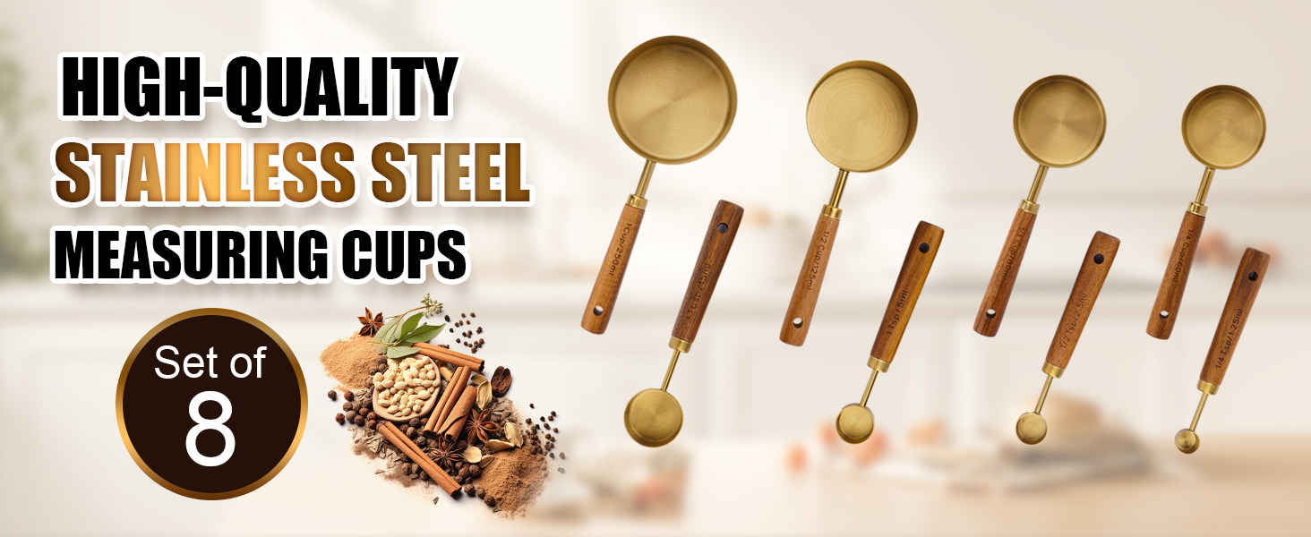 Premium Stainless Steel Measuring Cups and Spoons Set with Wood Handle, 8-Pieces Kitchen Essentials for Baking, Cooking, Coffee with Ergonomic Grip & Engraved Markings (Gold8)