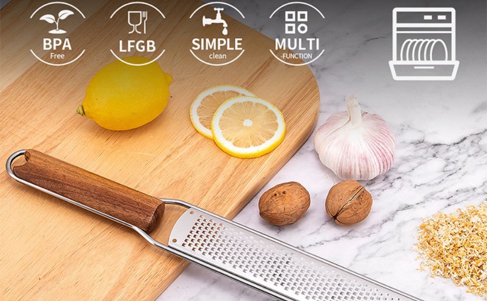 Lemon Zester & Cheese Grater Combo - Stainless Steel Grater for Parmesan, Wood Handle, Garlic, Ginger, Chocolate & Fruits - Perfect for Baking, Cooking & Garnishing
