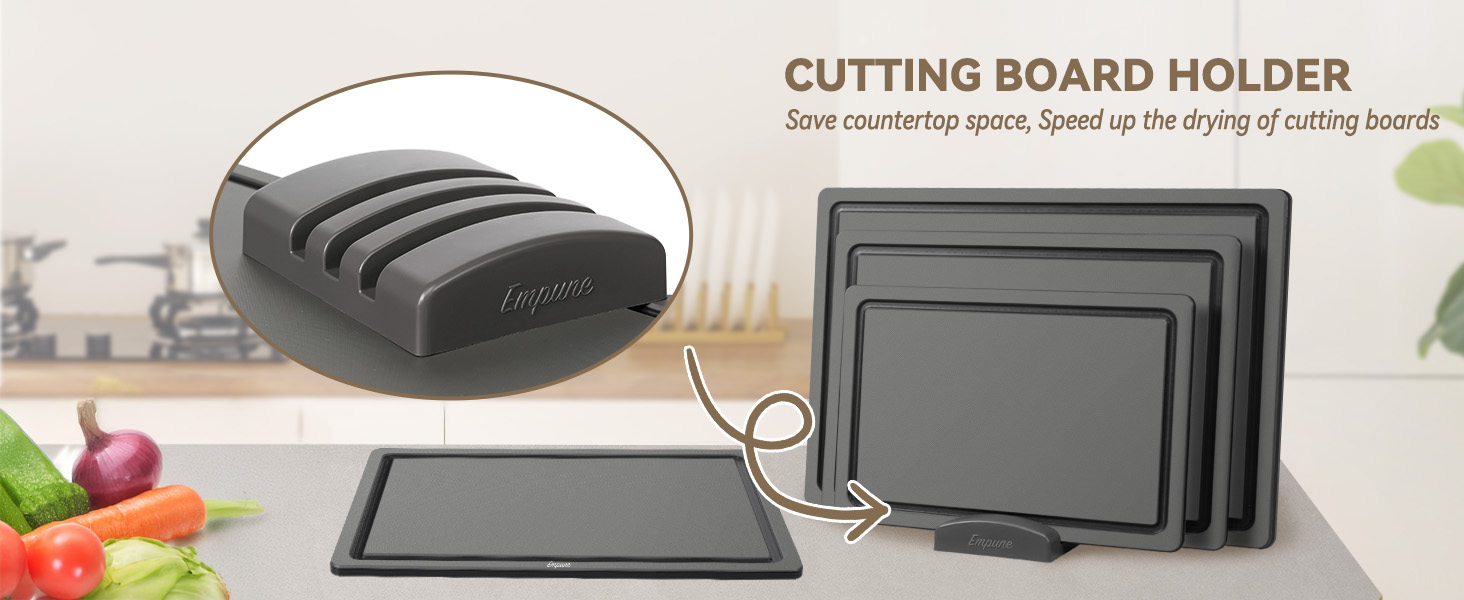 Empune Plastic Cutting Board Set, Recycled Plastic Cutting Boards for Kitchen (Set of 3), Dishwasher Safe Large Chopping Board with Holder, Non-slip Feet and Juice Grooves, Nonporous, Grey