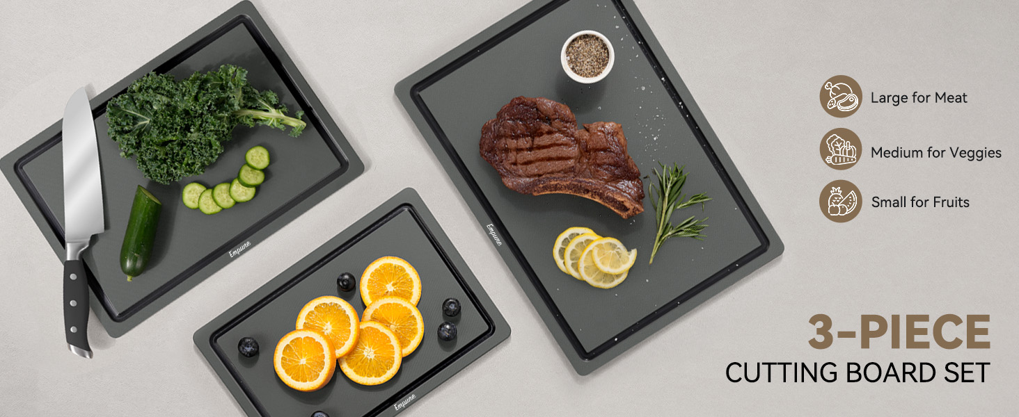 Empune Plastic Cutting Board Set, Recycled Plastic Cutting Boards for Kitchen (Set of 3), Dishwasher Safe Large Chopping Board with Holder, Non-slip Feet and Juice Grooves, Nonporous, Grey