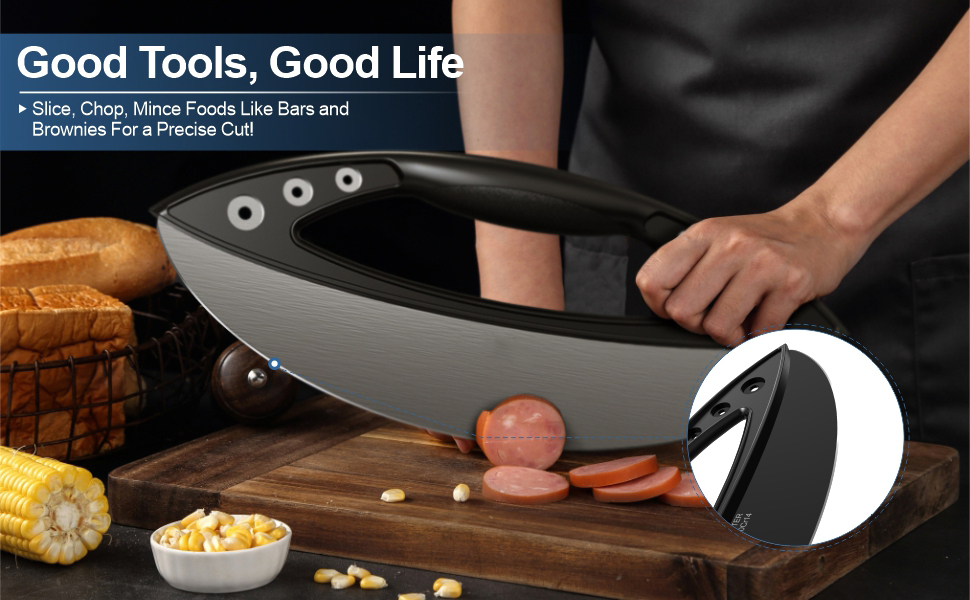 AILUROPODA 12-Inch Pizza Rocker Blade Cutter, Stainless Steel with Protective Cover, Black