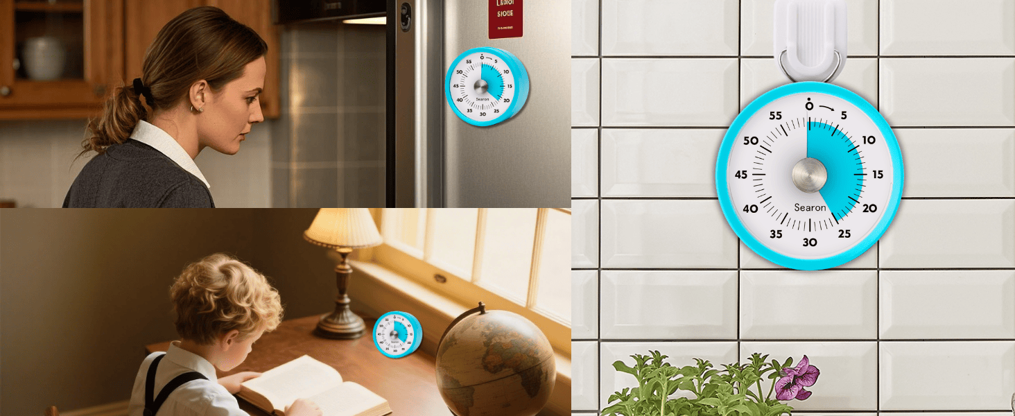 Searon Magnetic Visual Timer, Quiet Dial Timer with LED Alert, Easy Time Management for Kitchen & Kids, Compact 3.15 Inch (Blue)