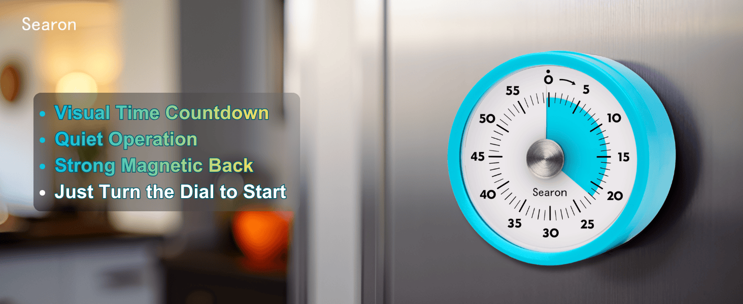 Searon Magnetic Visual Timer, Quiet Dial Timer with LED Alert, Easy Time Management for Kitchen & Kids, Compact 3.15 Inch (Blue)