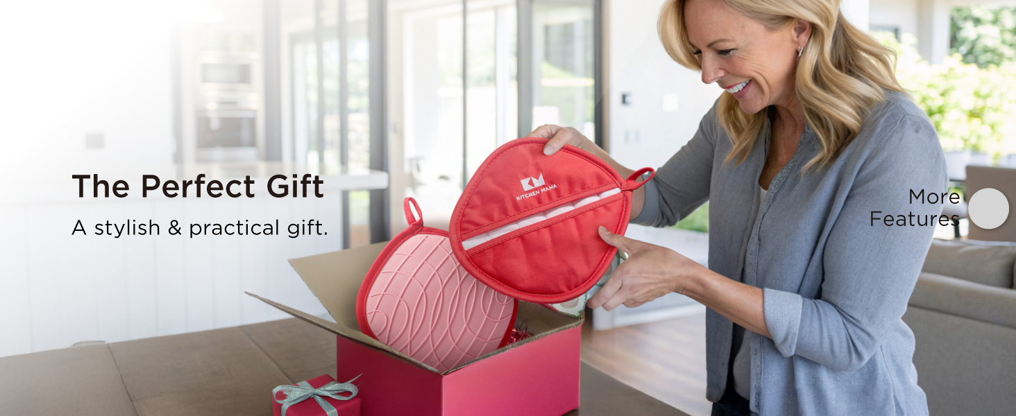 Kitchen Mama Silicone Pot Holders - Heat Resistant, Non-Slip Surface, Dual Pocket Design with Soft Cotton Lining, Safe, Durable, Stylish, Practical for Everyday Use Hot Oven, Bowl, Pan (Red)