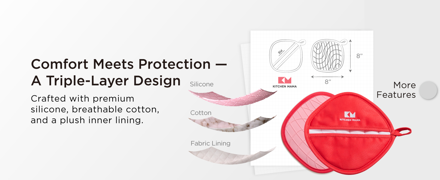 Kitchen Mama Silicone Pot Holders - Heat Resistant, Non-Slip Surface, Dual Pocket Design with Soft Cotton Lining, Safe, Durable, Stylish, Practical for Everyday Use Hot Oven, Bowl, Pan (Red)