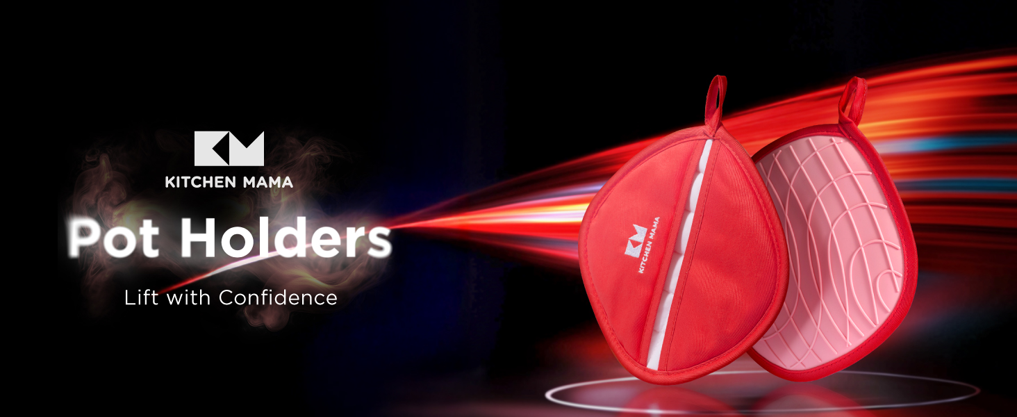 Kitchen Mama Silicone Pot Holders - Heat Resistant, Non-Slip Surface, Dual Pocket Design with Soft Cotton Lining, Safe, Durable, Stylish, Practical for Everyday Use Hot Oven, Bowl, Pan (Red)