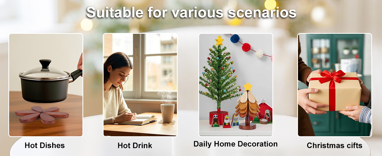 Wooden Trivets for Hot Dishes, Trivet Tree Christmas Tree Trivet Coasters Set of 4 for Hot Pot Pans Bowls Drinks Plates, Table Decor Coaster for Home and Restaurant