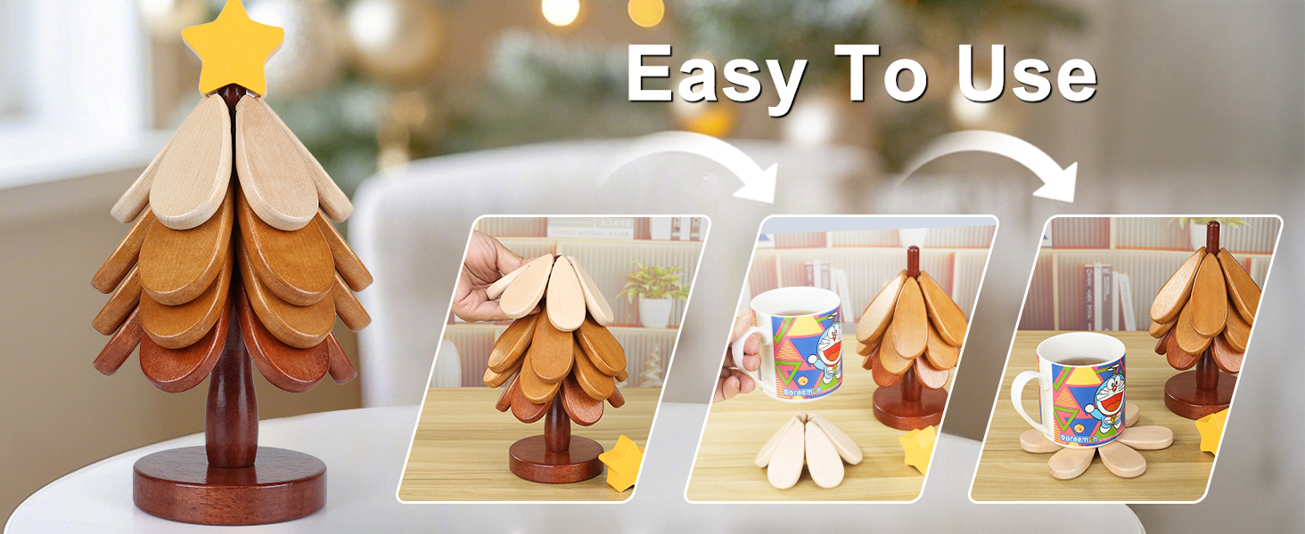 Wooden Trivets for Hot Dishes, Trivet Tree Christmas Tree Trivet Coasters Set of 4 for Hot Pot Pans Bowls Drinks Plates, Table Decor Coaster for Home and Restaurant