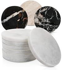 Gusto Nostro White Marble Coasters Set of 4 - Luxury Natural Stone Coasters for Drinks - Genuine Marble Kitchen Accessories, Round Artisanal Stone Coaster for Kitchen Counter, Coffee Table, Home Decor