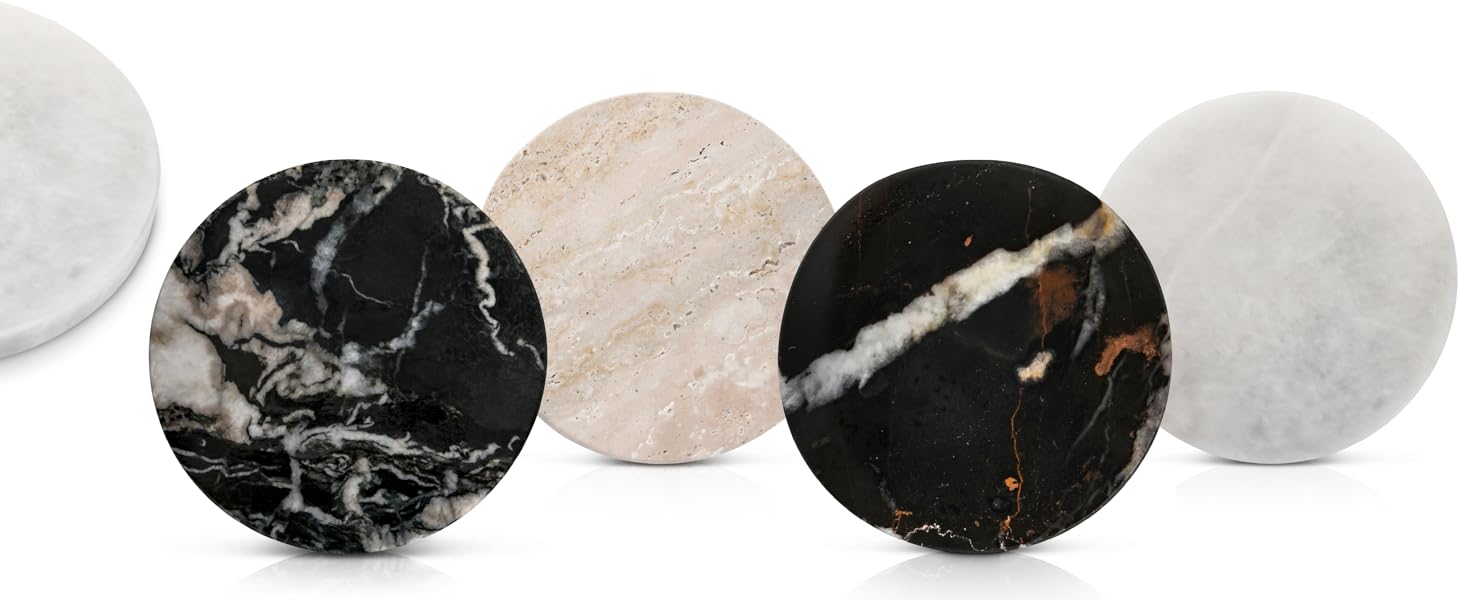 Gusto Nostro White Marble Coasters Set of 4 - Luxury Natural Stone Coasters for Drinks - Genuine Marble Kitchen Accessories, Round Artisanal Stone Coaster for Kitchen Counter, Coffee Table, Home Decor